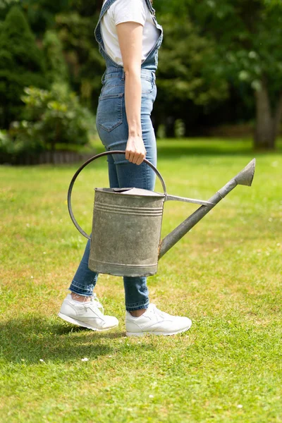 Young Woman Watering Grass Watering Can Beautiful Green Garden Summer — Stock Photo, Image
