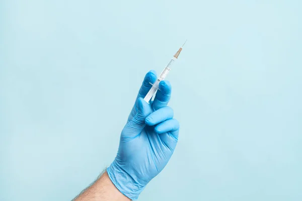 Close Picture Male Hand Nitrile Glove Holding Syringe Vaccination Blue — Foto Stock