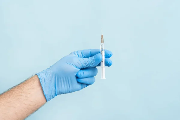 Close Picture Male Hand Nitrile Glove Holding Syringe Vaccination Blue — Φωτογραφία Αρχείου