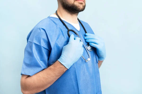 Portrait Smilin Young Motivated Doctor Stethoskope Neck Medical Scrubs Standing — Fotografia de Stock