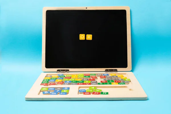 Educational Wooden Kid Laptop Magnetic Letters Numbers Learning — Stock Photo, Image