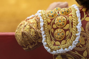 Boğa güreşçileri kostümü giymiş boğa güreşçisi ringde cesur bir boğayla dövüşmeye hazır..