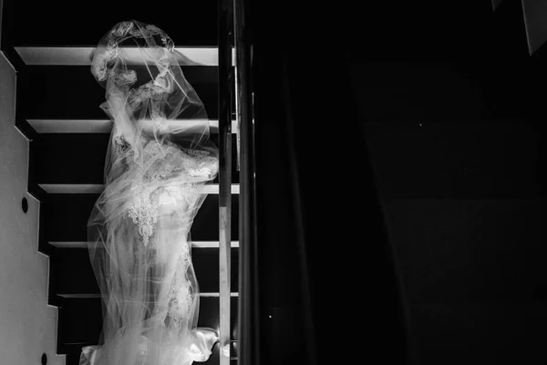 Ασπρόμαυρη Εικόνα Από Πέπλο Νύφης Στις Σκάλες Έννοια Γάμου Και — Φωτογραφία Αρχείου