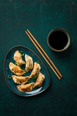 Japon Gyoza hamur tatlısı, kızarmış, soslu, yeşil arka planda, üst manzara, insan yok, tonlanmış, haşlanmış,