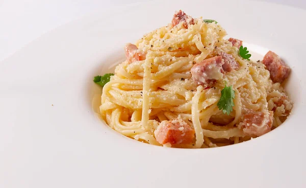 Piatto Tradizionale Italiano Spaghetti Carbonara Fatti Casa Senza Persone Vista — Foto Stock
