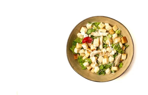 Fresh Traditional Caesar Salad Chicken White Background Top View Dark — Stockfoto