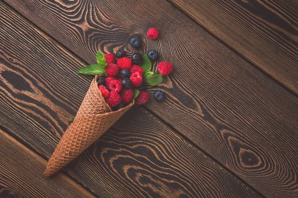 Waffle Chocolate Cone Fresh Berries Mint Wooden Table Top View — Stock Fotó