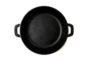 Demir kızartma makinesi, iki sapı var, yemek pişirmek için, kapağı yok, beyaz arka plan, üst görünüm, yatay,