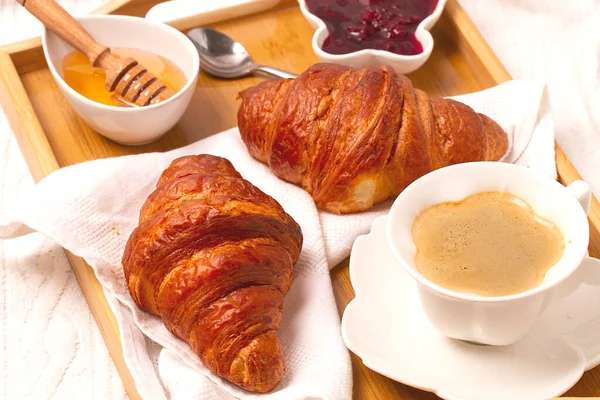 Breakfast Croissants Cup Coffee Bed Morning People Toned High Quality Royalty Free Stock Images