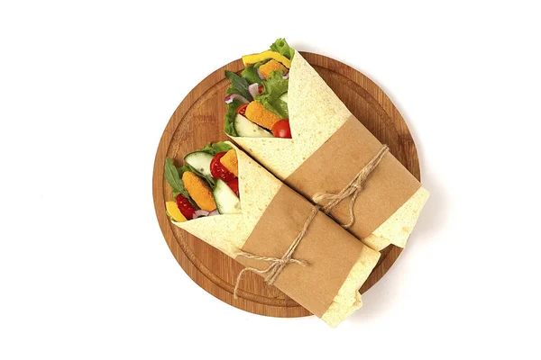 Tortilla Wraps Breaded Chicken Sticks Vegetables Burritos White Background Horizontal — Stock Photo, Image