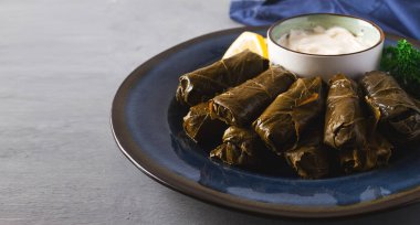Dolma, lahana ruloları, dolgulu üzüm yaprakları, beyaz sos, limon ve otlar, kırsal, seçici odak, insan yok.,