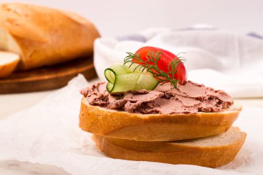 Liver meat pate spread, on white bread, on a light background, breakfast, close-up, no people, selective focus, pasticcio, pastete, clipart