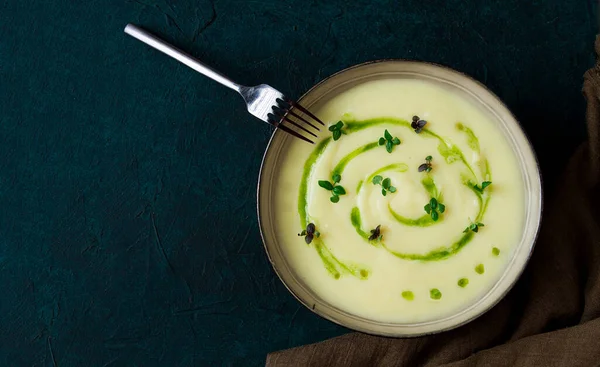 Mashed Potatoes Green Butter Micro Greenery Homemade Dark Background People — Foto Stock