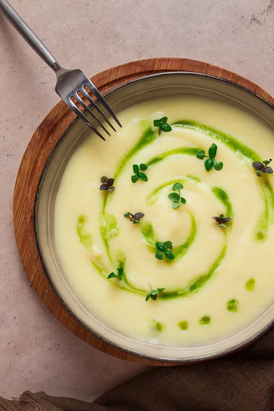 Mashed Potatoes Green Butter Micro Greenery Homemade Beige Table People — Foto Stock