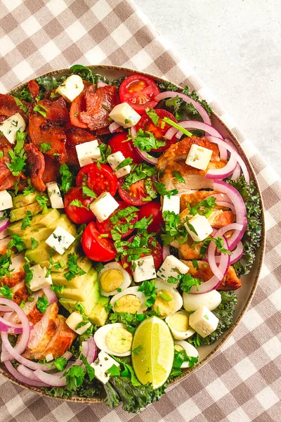Cobb Salad Keto Food Top View People Close — Foto Stock