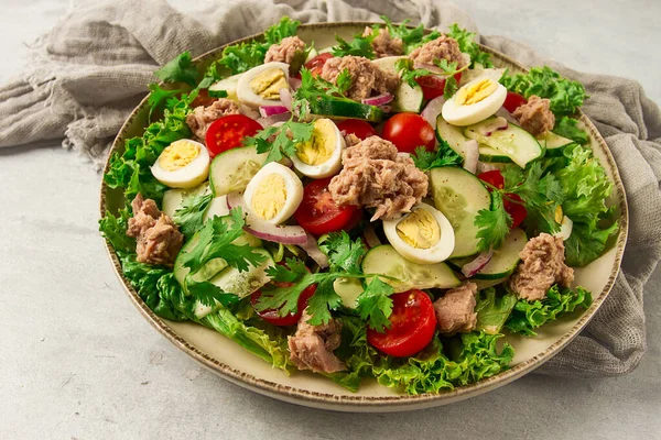 Tuna Salad Vegetable Salad Quail Eggs Lettuce Red Onion Cucumbers — Zdjęcie stockowe