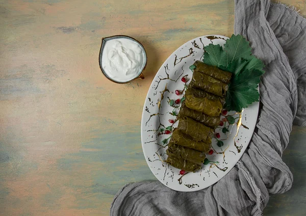Dolma Cabbage Rolls Grape Leaves Traditional Armenian Dish White Sauce — Stock Photo, Image