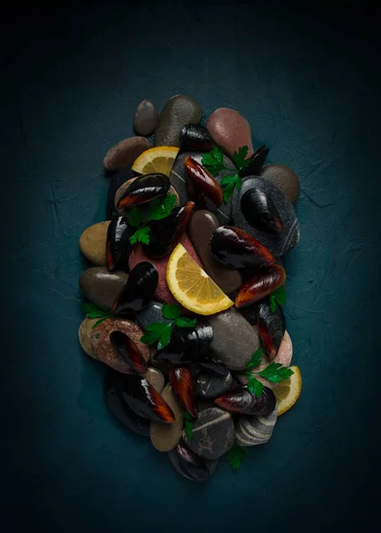 Fresh Mussels Rocks Top View Food Concept Selective Focus Seafood — Stock fotografie