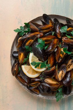 Fresh, Boiled mussels, Black Sea, with parsley and lemon, no people,