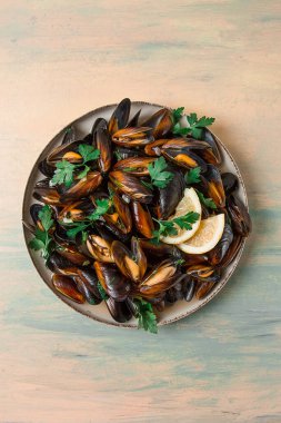 Fresh, Boiled mussels, Black Sea, with parsley and lemon, no people,
