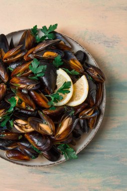 Fresh, Boiled mussels, Black Sea, with parsley and lemon, no people,