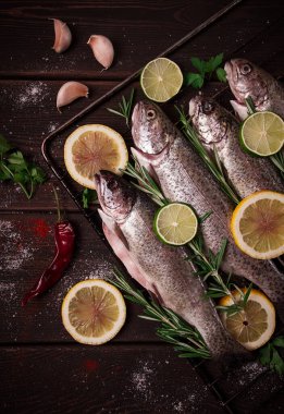 Raw rainbow trout, with lemon and herbs, on a wooden table, no people,