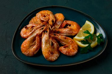Fried with spices, King prawns, undivided , top view, selective focus, seafood, shrimp, no people,