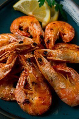 Fried with spices, King prawns, undivided , top view, selective focus, seafood, shrimp, no people,