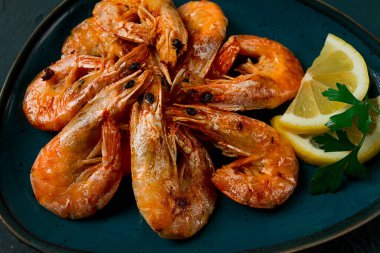 Fried with spices, King prawns, undivided , top view, selective focus, seafood, shrimp, no people,