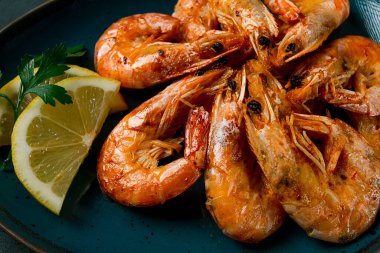 Fried with spices, King prawns, undivided , top view, selective focus, seafood, shrimp, no people,