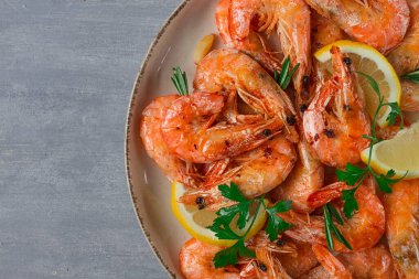 Fried with spices, King prawns, undivided , top view, selective focus, seafood, shrimp, no people,