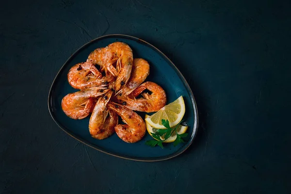 Fried Spices King Prawns Undivided Top View Selective Focus Seafood — Foto de Stock