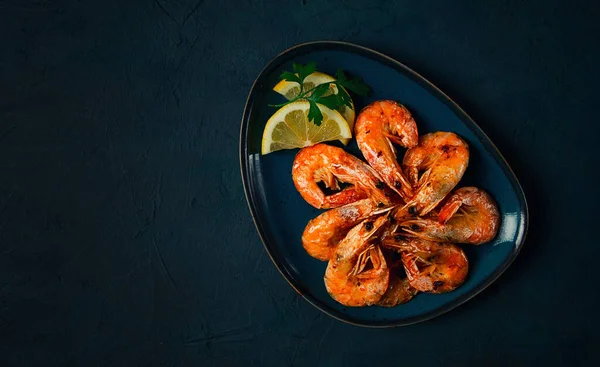 Fried Spices King Prawns Undivided Top View Selective Focus Seafood — Foto de Stock