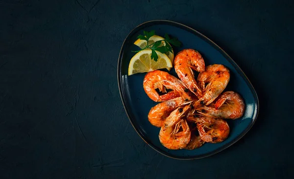 Fried Spices King Prawns Undivided Top View Selective Focus Seafood — ストック写真