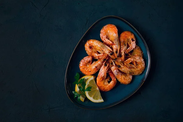 Fried Spices King Prawns Undivided Top View Selective Focus Seafood — Foto de Stock