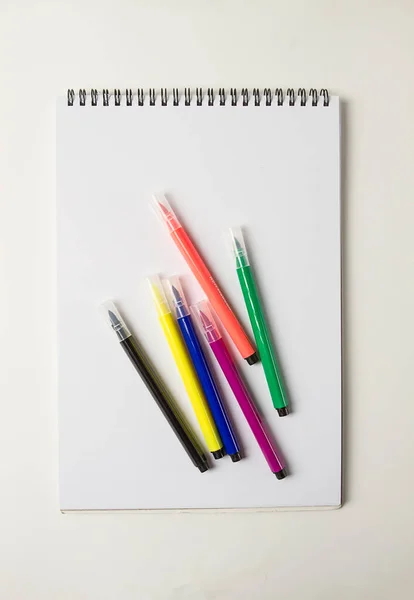 Watercolor Pens Brush Assortment Drawing Album Artist Desk Top View — Stock Photo, Image