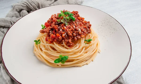 Spaghetti Bolognese Top View Close People Homemade — Stock Photo, Image