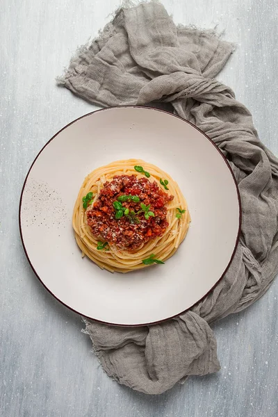 Spaghetti Bolognese Top View Close People Homemade — Stock Photo, Image