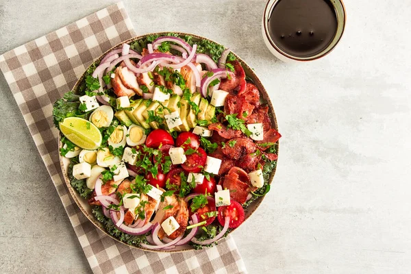 Cobb Salad Keto Food Top View People Close — 스톡 사진