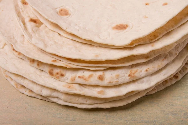 Stack Mexican Tortillas Gray Table Top View Close People — Photo