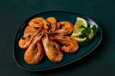 Fried with spices, King prawns, undivided , top view, selective focus, seafood, shrimp, no people,