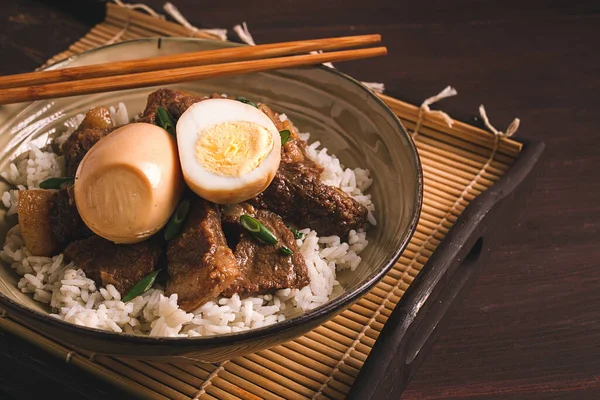 Stewed Eggs Pork Belly Rice Chinese Food Homemade Selective Focus — Zdjęcie stockowe
