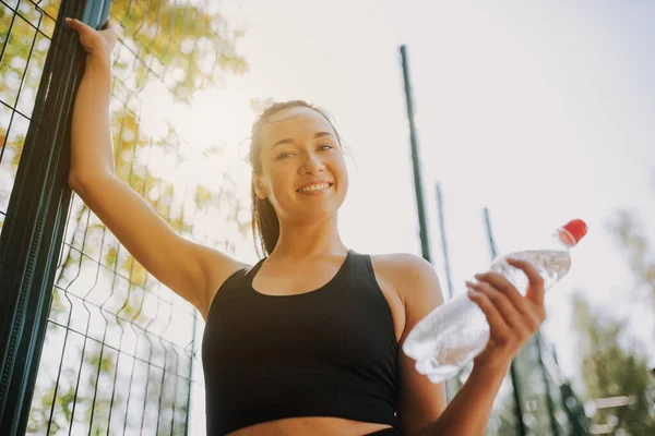 Young Woman Black Sportswear Stretching Doing Sport Park Attractive Fit — Stock Photo, Image