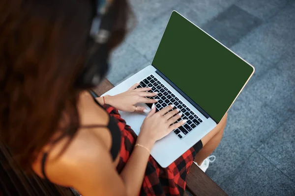 Smart Pretty Girl Listening Music Headphones Working Laptop Summer Time — Stock Photo, Image