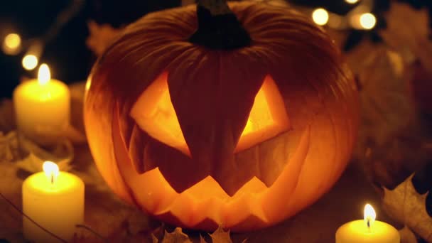Jack O Lantern Halloween pumpa med ljus inuti på gula blad — Stockvideo