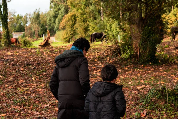 mother and son in family walk in the woods