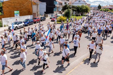 Cangas, Pontevedra, İspanya - Haziran 05. 2022: Temel acil servis eksikliğini ve İspanya 'nın sağlık merkezlerinde doktor eksikliğini protesto etmek amacıyla düzenlenen gösteri