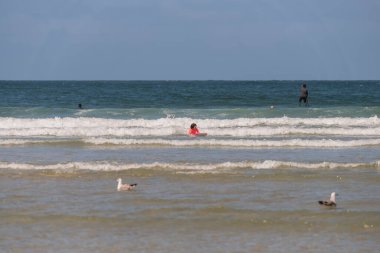 boy with orange equipment and bodyboard practices in the waves of Aveiro beach in summer