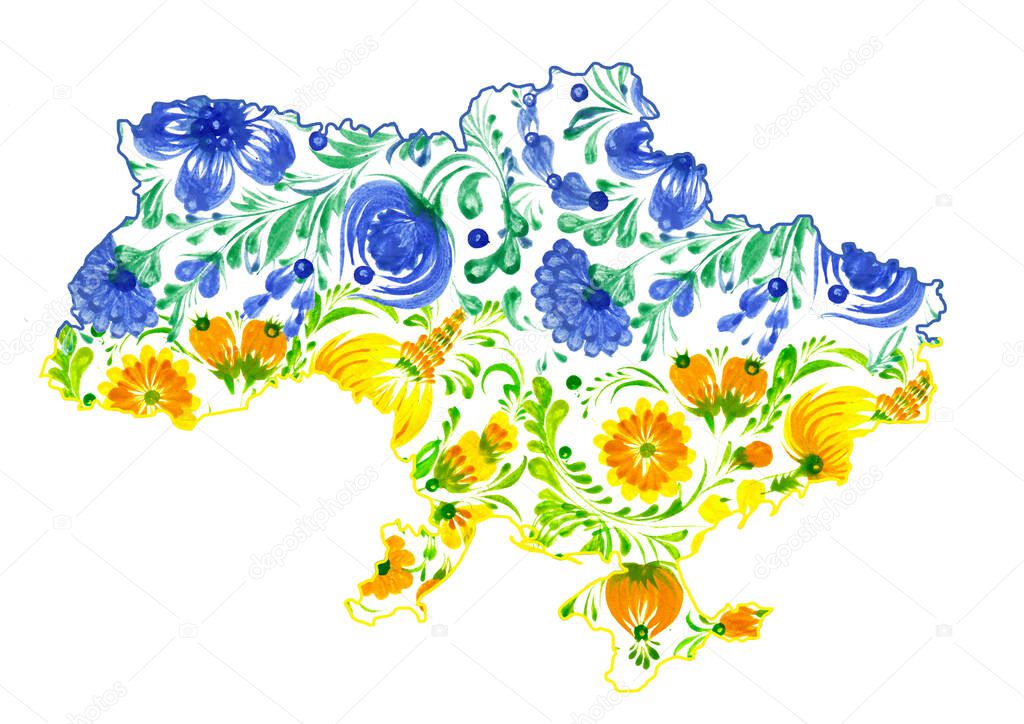 Blue and yellow flowers pattern map of Ukraine