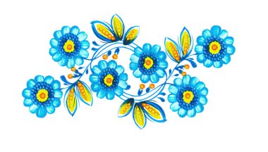 Beyaz arka planda mavi, sarı çiçekler. Kusursuz desen. petrykivka